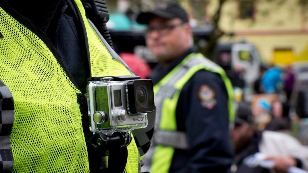 Police officer wearing a chest-mounted camera