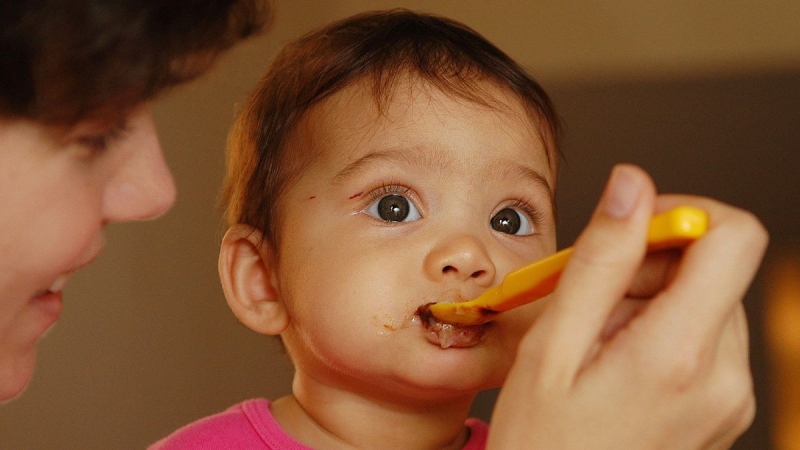 Miquel Roberts feeds her eight-month-old daughter Sophie homemade baby food at the family's Mississauga, Ontario home on Aug. 27, 2005. (Derek Oliver / AP)