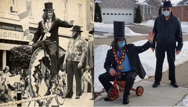 Left: Then St. Marys Ont. Mayor Clifton Brown is seen riding through the downtown on a Penny Farthing antique bicycle in 1978. Right: Current St. Mary’s Mayor Al Strathdee is seen in a humorous take of the same photo. With him is town resident Bob Doupe who is the same man seen in standing in the 1978 photo (St. Marys Museum) 