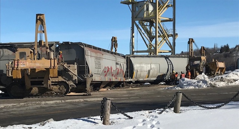 Heavy equipment has been brought in to clean up a train derailment in Goderich, Ont. on Thursday, Feb. 4, 2021. (Scott Miller / CTV News)