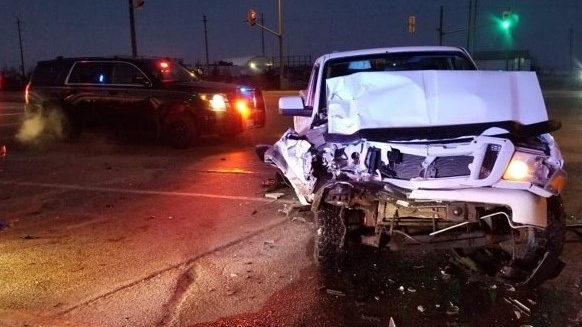 Damaged truck after two-vehicle collision in Essex, Ont. on Thursday, Feb. 4, 2020. (courtesy Essex County OPP)
