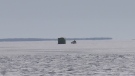 An ice hut is seen on Lake Simcoe on Thurs., Feb. 4, 2021 (Rob Cooper/CTV News)