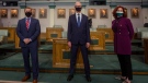 Liberal Leader Andrew Furey, left to right, Progressive Conservative Leader Ches Crosbie and NDP Leader Alison Coffin pose for a photo following their televised debate from the floor of the House of Assembly in St. John's N.L. on Wednesday, February 3, 2021. THE CANADIAN PRESS/Paul Daly