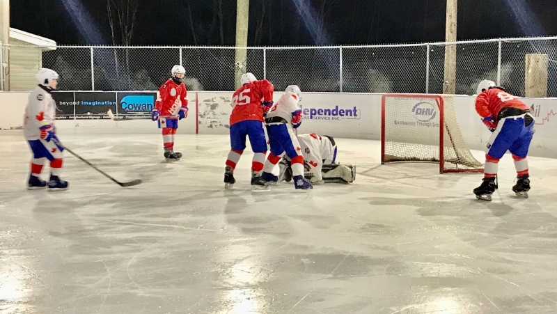 Players hit the ice on Thursday, Feb. 4, 2021 to take part in the seventh World's Longest Hockey Game. (CTV News Edmonton/Sean Amato)