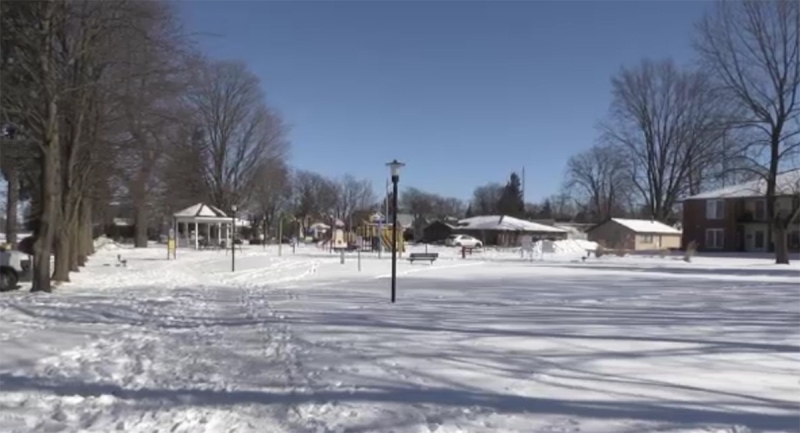 Open space beside a park at Helen and Queen streets in Mount Brydges, Ont. being considered for an attainable housing building is seen Wednesday, Feb. 3, 2021. (Gerry Dewan / CTV News)