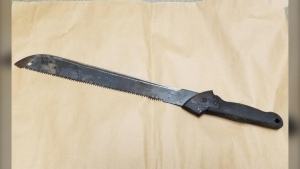 A machete recovered by Steinbach RCMP following an alleged assault on Feb. 6, 2021 (Image source: Manitoba RCMP).