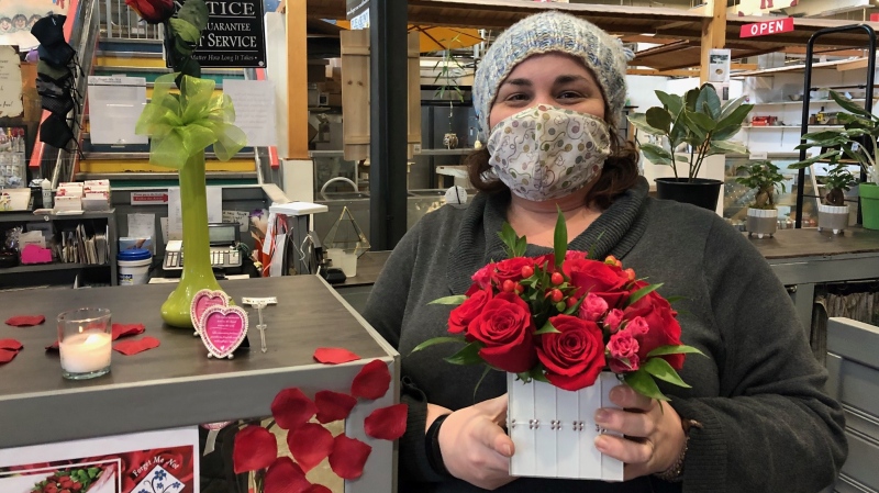 Rachel Wichman, salesperson at Forget Me Not Flowers & More in London, Ont. asks customers to order flowers early this Valentine’s Day, Monday, Feb. 8, 2021. (Jordyn Read/ CTV News) 