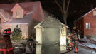Fire crews battle a fire at a garage in Harrow, Ont on Monday, Feb. 8, 2021. (Supplied)