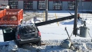 A hydro pole seen broken after a crash in Waterloo. (Chris Thomson / CTV Kitchener)