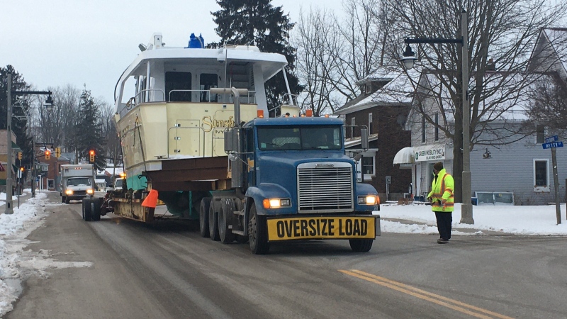 The large yacht making its way to St. Thomas, Ont. on Wednesday, Feb. 10, 2021. (Brent Lale / CTV News)