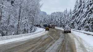 A snowy stretch of the Coquihalla Highway is seen Wednesday, Feb. 10, 2021. (Jordan Jiang / CTV News Vancouver)