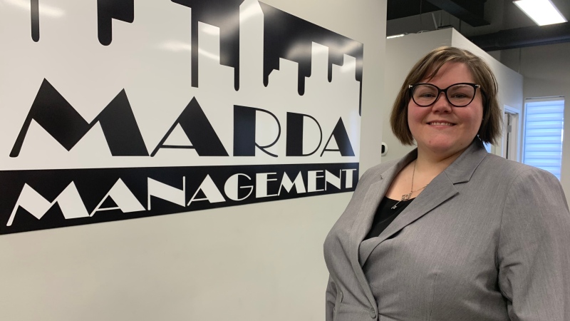 Marla Coffin, owner and president of Marda Management in her University Avenue office in downtown Windsor on Feb. 11, 2021. (Rich Garton / CTV Windsor)