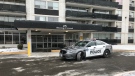A Toronto police cruiser is seen outside of a North York apartment building on Feb. 12, 2021. (CTV News Toronto)