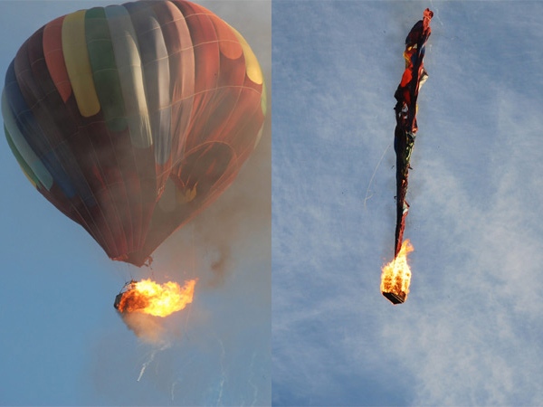 This combination of two photos shows the charring of the balloon's facade as the fire progressed. (AP / Don Randall)