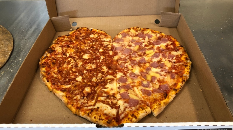 Heart shaped pizza from Antonino’s Original Pizza in Windsor, Ont. on Sunday, Feb. 14, 2021. (Angelo Aversa/CTV Windsor)