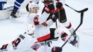 Ottawa Senators right wing Evgenii Dadonov (63) scores the game tying goal against the Toronto Maple Leafs during third period NHL hockey action in Toronto on Monday, February 15, 2021. (Nathan Denette/THE CANADIAN PRESS)