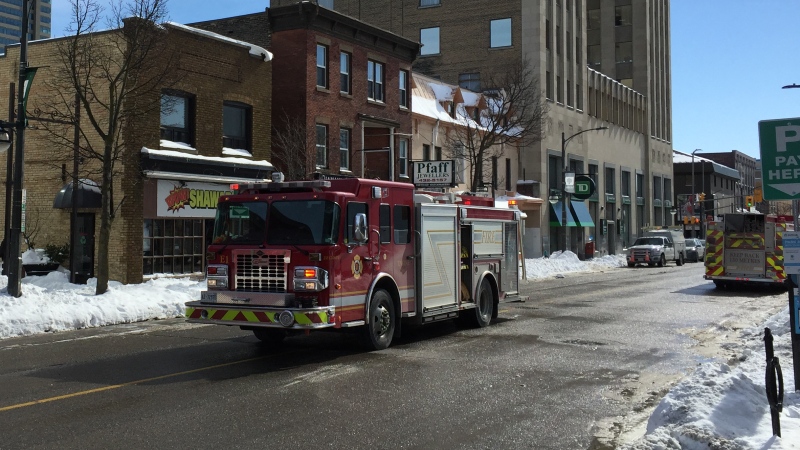 Emergency crews respond after a gas leak on Clarence Street in London, Ont., Wednesday, Feb. 17, 2021. (Bryan Bicknell / CTV News)