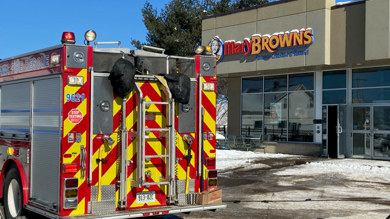 Fire crews on scene late Wednesday morning checking for hot spots after flames broke out at Mary Brown's Chicken at The Victoria Centre Plaza in Petawawa, Ont. around 4:40 a.m., February 17, 2021. (Dylan Dyson/CTV News Ottawa)