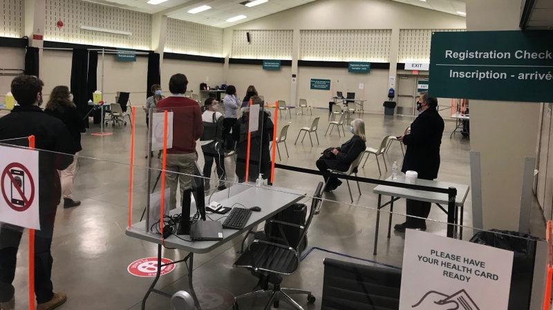 A new COVID-19 vaccination clinic at the Caradoc Community Centre in Mount Brydges, Ont. opened Thursday, Feb. 18, 2021. (Sean Irvine / CTV News)