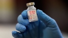 A vial of the Moderna COVID-19 vaccine is displayed at a pop-up vaccine clinic for EMS workers Center in Salt Lake City on January 5, 2021. (THE CANADIAN PRESS/AP, Rick Bowmer)