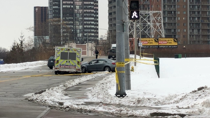 Collision involving a patient transport vehicle at Riverside Drive and Crawford Avenue in Windsor, Ont. on Thursday, Feb. 18, 2021. (Sijia Liu)