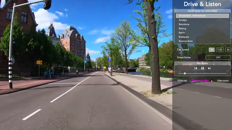 A screenshot taken while users "drive" through the streets of Amsterdam from the site Drive&Listen (Drive&Listen)