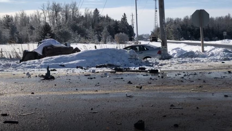 The aftermath of a fatal crash near County Road 12 and the 20th Sideroad in Amaranth, Ont on Sat. Feb. 20, 2021 (Const. Chad Wilson/OPP)