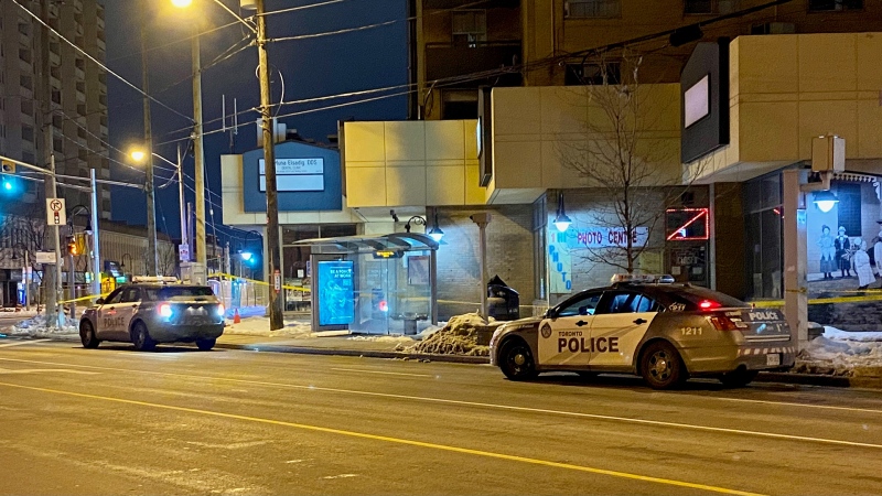 Police vehicles are seen near Weston Road and Lawrence Avenue West after a stabbing incident at a bus stop on Feb. 21, 2021. (Mike Nguyen/CP24)