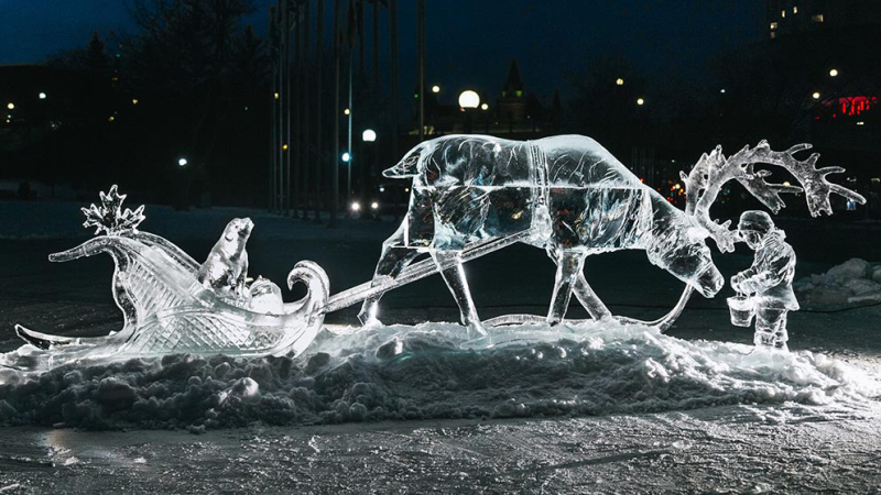 'Pit Stop' by Antonio Baisas, of Ottawa, claimed first place in the 2021 virtual Winterlude ice carving competition. (Photo courtesy of the Ministry of Canadian Heritage)