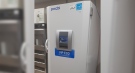 An ultra-cold freezer donated by Bruce Power is seen in Clinton, Ont. on Monday, Feb. 22, 2021.