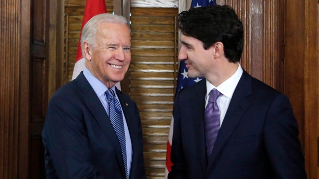 Prime Minister Justin Trudeau shakes hands with US Vice-President Joe Biden on Parliament Hill in Ottawa on Friday, December 9, 2016. THE CANADIAN PRESS/Patrick Doyle