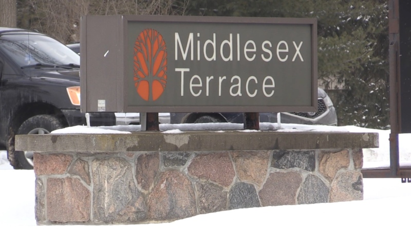 A sign for Middlesex Terrace in Delaware, Ont. is seen Friday, Feb. 19, 2021. (Daryl Newcombe / CTV News)