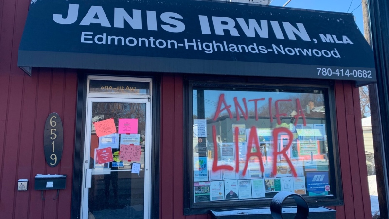 New Democrat MLA Janis Irwin's office was vandalized overnight on Friday, Feb. 26, 2021 (Twitter)