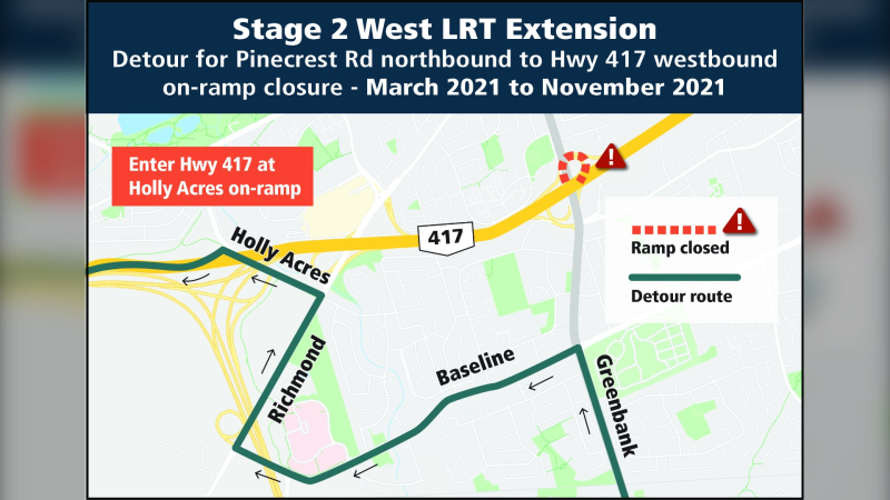 The Pinecrest Road northbound on-ramp to Hwy. 417 westbound will be closed for eight months, starting March 1. (Photo courtesy: City of Ottawa)