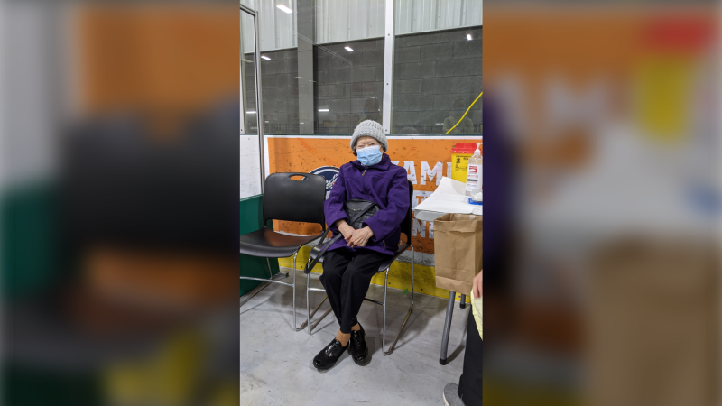 Betty Ing, the first adult 80 years of age and older who entered WFCU Centre to receive the Pfizer BioNTech vaccine in Windsor, Ont. on Monday, March 1, 2021. (courtesy Windsor Essex County Health Unit)