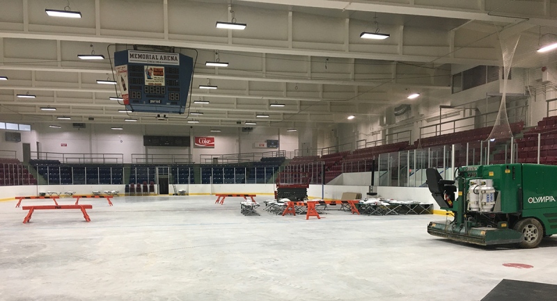 Work is underway inside the St. Thomas Elgin Memorial Arena in St. Thomas, Ont. on Tuesday, March 2, 2021. (Brent Lale / CTV News)