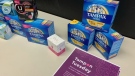 Menstrual products on display for the second annual Tampon Tuesday donation drive in Kingston, Ont. March, 2021. (Kimberley Johnson / CTV News Ottawa)