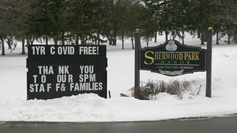 A sign at the entrance of Sherwood Park Manor east of Brockville thanks residents, staff and families for keeping the facility COVID-19 free. (Nate Vandermeer/CTV News Ottawa)