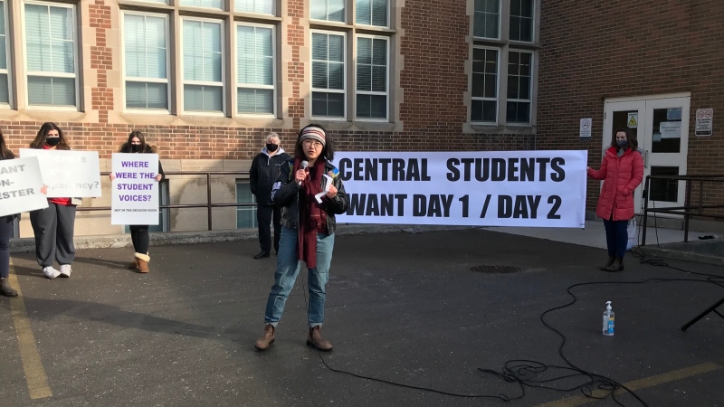 Roughly 50 people took part in a protest outside of Central Seconday School against the proposed switch to semesters in London, Ont. on Thursday, March 4, 2021. (Sean Irvine / CTV London)