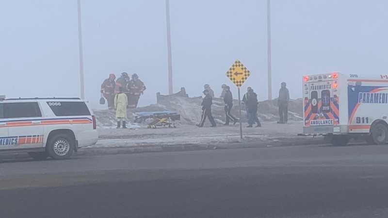 Around 10:13 a.m. on Wednesday, Saskatoon Fire Department received a call about a single-vehicle rollover at Highway 16 and Zimmerman Road. (CTV Saskatoon)
