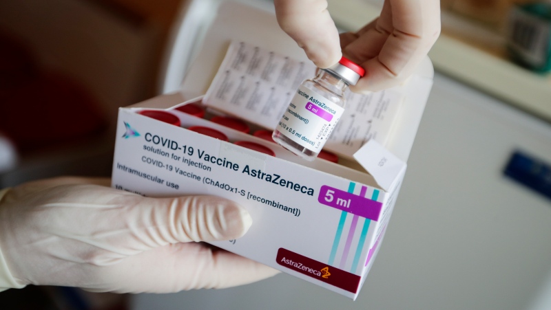A package of the AstraZeneca COVID-19 vaccine is shown in Senftenberg, Germany, Wednesday, March 3, 2021. (Hannibal Hanschke/Pool via AP)