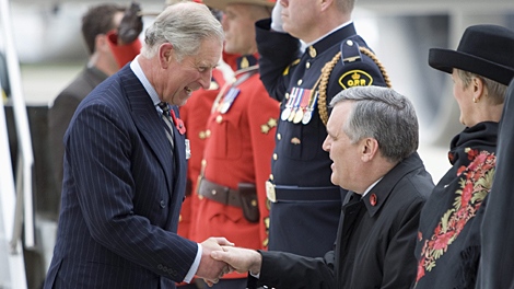 Charles, the Prince of Wales (left) is greeted by the Lieutenant Governor of Ontario David Onley after arriving in Toronto, Ont. on Wednesday, Nov. 4, 2009. (Frank Gunn / THE CANADIAN PRESS)