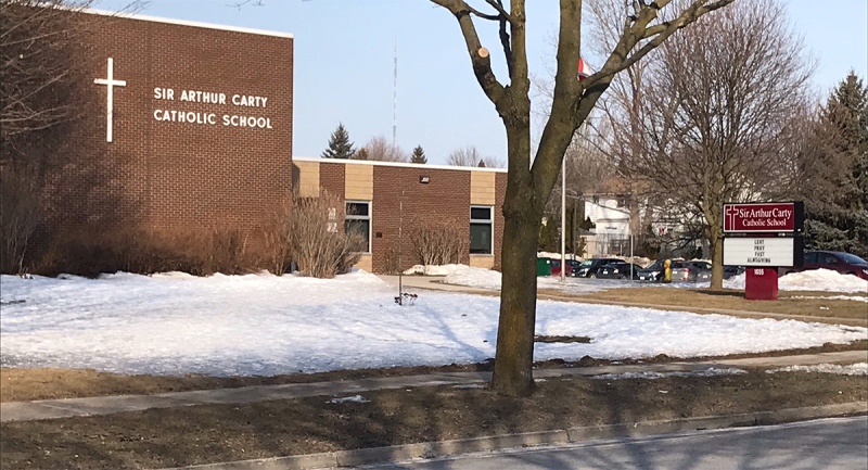 Sir Arthur Carty Catholic School in London, Ont. is seen on Monday, March 8, 2021. (Sean Irvine / CTV News)