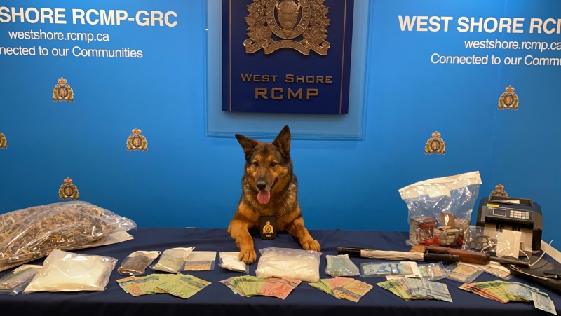 Police dog Erik is pictured with some of the items seized during the three raids: (West Shore RCMP)