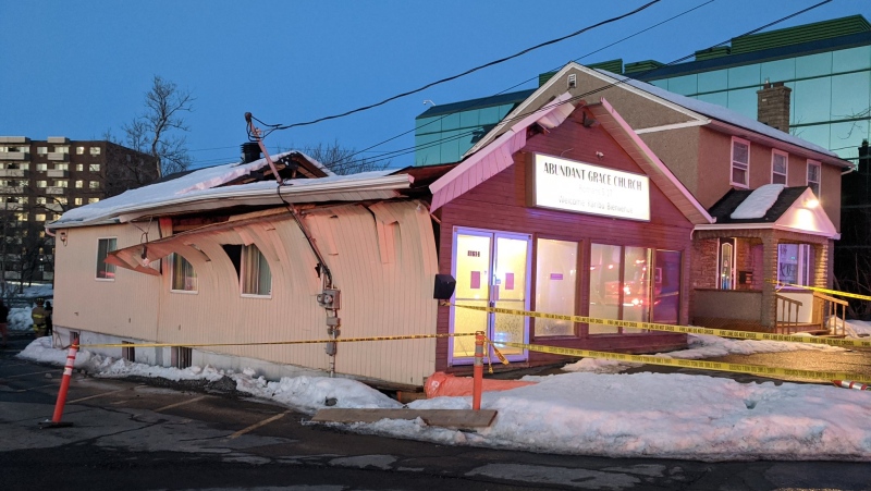 The roof of Abundant Grace Church on Cyrville Road in Gloucester collapsed Tuesday, March 9, 2021. No one was hurt. (Image courtesy of Scott Stilborn via Ottawa Fire Services)