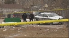 Police tape and several police cruisers are holding a scene Wednesday morning in the 600 block of Stella Ave. in Winnipeg's North End (Image: Kenneth Gabel-CTV News)