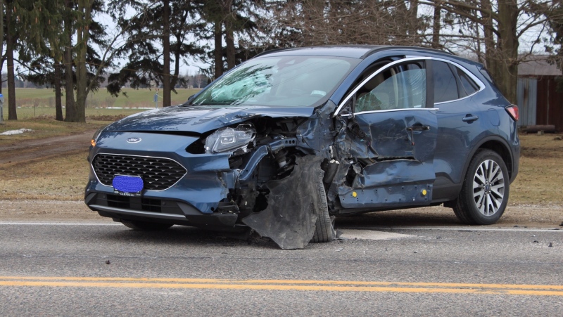 Three people suffered injuries in a two vehicle crash near Lucan, Ont. on Thursday, March 11, 2021. (Gerry Dewan / CTV London)