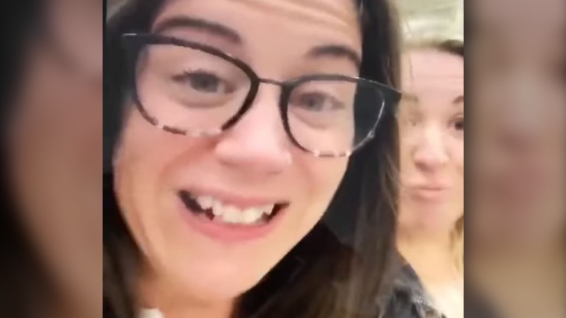 Two Alliston PSWs take a cell phone video of themselves without masks inside a grocery store and post it to social media. (Facebook)