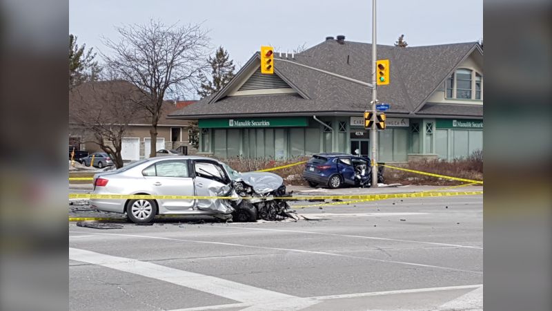 Ottawa police investigating a two vehicle crash on Hazeldean Road at Irwin Gate Saturday, March 13. (Mike Mersereau/CTV News Ottawa)