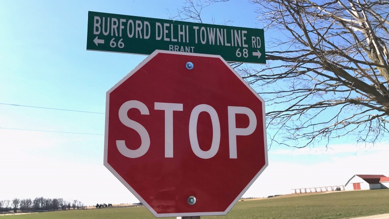A stop sign recently replaced after thieves took it and other markers, is seen in Norfolk County Ont. on March 15, 2021. (Sean Irvine / CTV News) 
